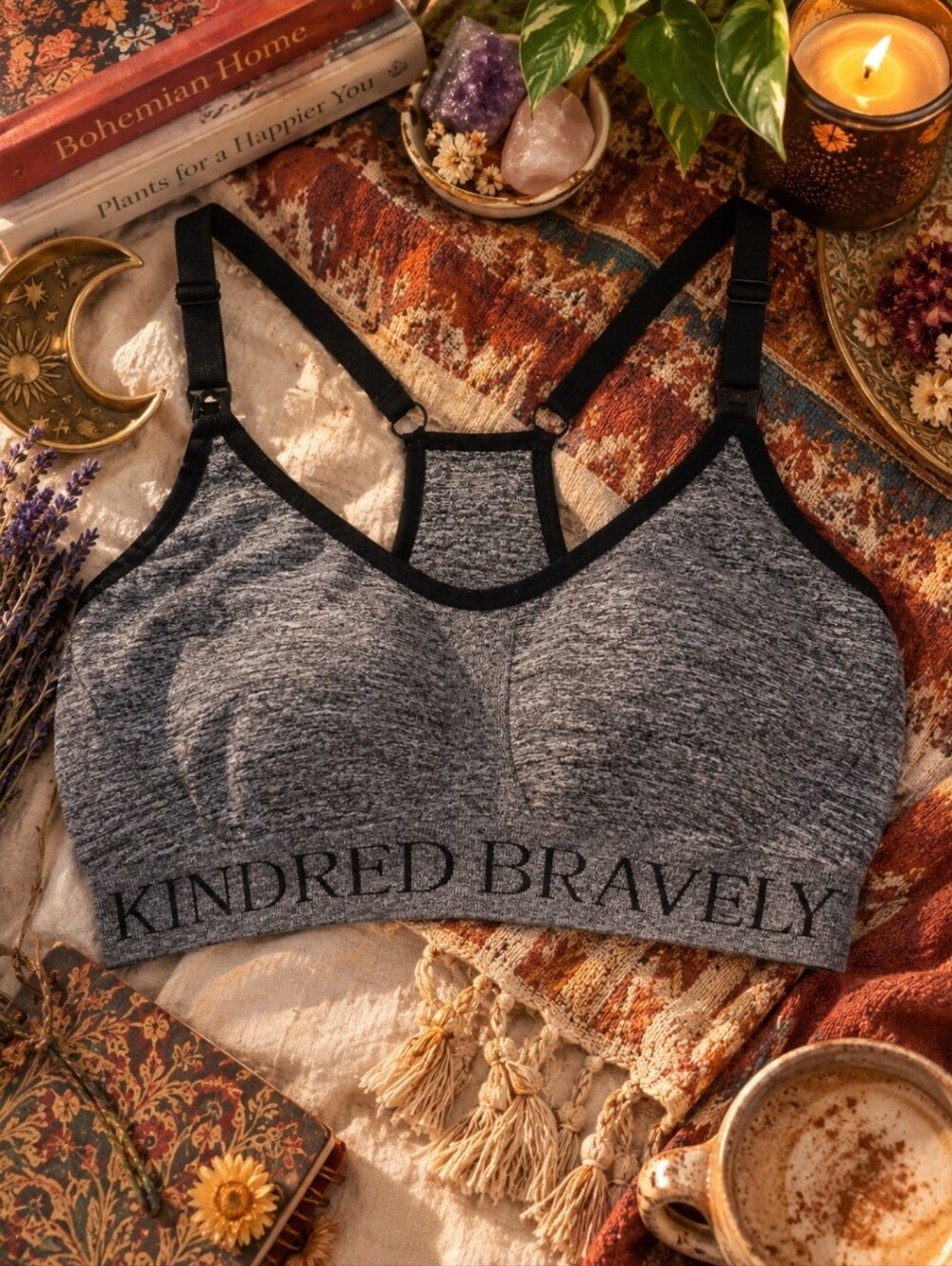 4/$15 Kindred Bravely Gray Bralette Black Trim Athleisure Loungewear Wellness